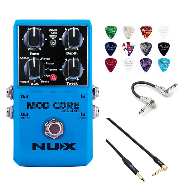 NUX Mod Core Deluxe mkII Pedal with 8 Different Modulations and Smart Tap Tempo Bundle with Kopul 10' Instrument Cable, Hosa 6" Guitar Patch Cable and Fender 12-Pack Guitar Picks