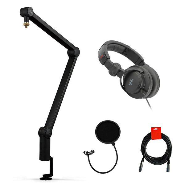 Blue Compass Premium Tube-Style Broadcast Boom Arm Bundle with Studio Monitor Headphones, Pop Filter & XLR Cable