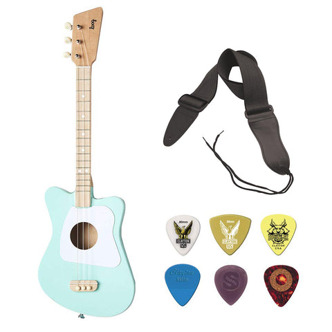 Loog Mini Acoustic Guitar 3-String Guitar (Green) with GSA10BK Guitar Strap (Black) and Guitar Pick Assortment 6-Pack Bundle