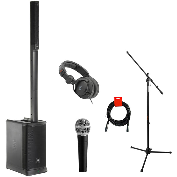 JBL EON ONE MK2 All-in-One Rechargeable Column Speaker PA with Built-in Mixer and DSP Bundle with Auray Tripod Mic Stand, Polsen Headphones, Vocal Mic, and XLR-XLR Cable