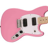 Squier Sonic Mustang Electric Guitar with Flash Pink, Maple Fingerboard Bundle with Fender Logo Guitar Strap Black, Fender 12-Pack Celluloid Picks, and Straight/Angle Instrument Cable