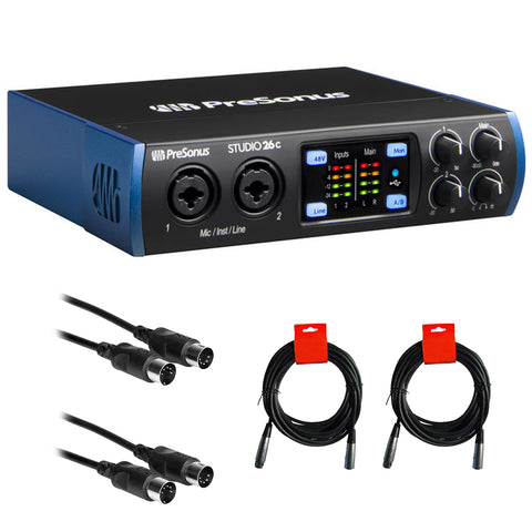 PreSonus Studio 26c Desktop USB Type-C Audio/MIDI Interface Bundle with 2x Hosa 10' MIDI-MIDI Cable and 2x XLR-XLR Cable