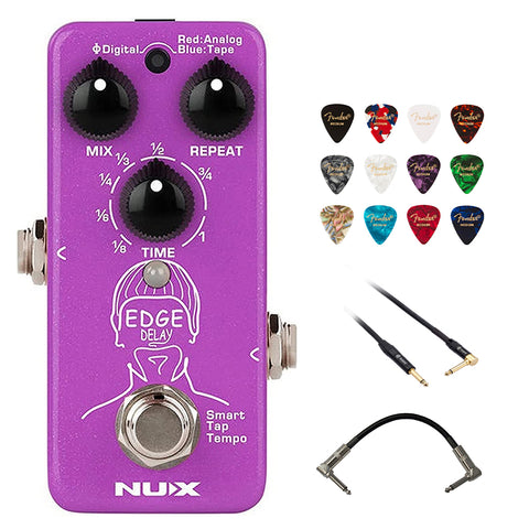 NUX Edge Delay Guitar Effects Pedal Bundle with Kopul 10' Instrument Cable, Strukture S6P48 6" Patch Cable Right Angle, and Fender 12-Pack Picks
