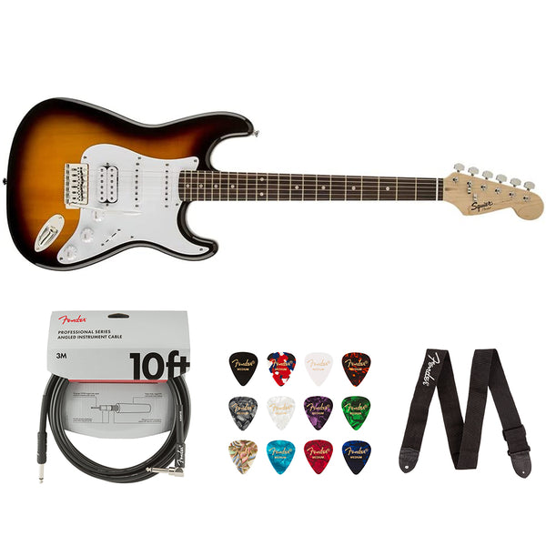 Fender Player Stratocaster Electric Guitar (Maple Fingerboard, 3 Color Sunburst) Bundle with Fender 10ft Instrument Cable (Straight/Straight), Fender Guitar 12-Pack Picks, and Fender 2" Guitar Straps