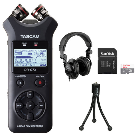 Tascam DR-07X Stereo Handheld Digital Audio Recorder with Polsen HPC-A30 Studio Monitor Headphones, 32GB microSDHC Card & Tripod Bundle