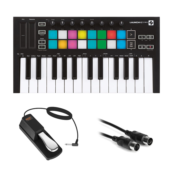 Novation Launchkey Mini MK3 25-Key MIDI USB Keyboard Controller with Sustain Pedal (Piano-Style) & MIDI Cable Bundle