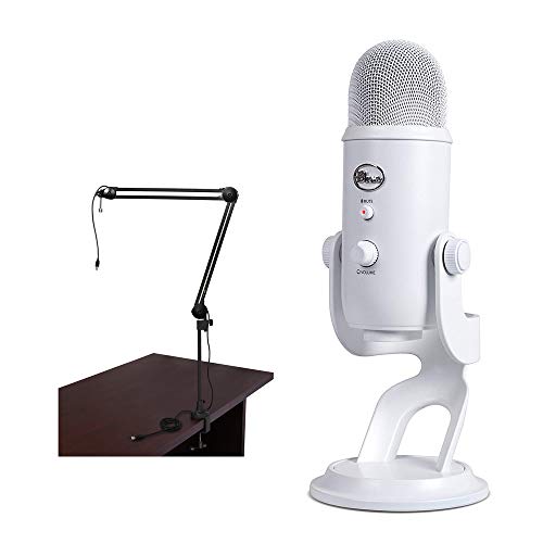 Blue Yeti USB Microphone (Whiteout) with BAI-2U Two-Section Broadcast Arm plus Internal Springs & USB Cable Bundle