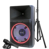 Gemini Sound GSP-L2200PK Indoor 2200 Watt with 15" Inch Woofer, LED Party Lights, Built in Media Player, and Included Microphone and Speaker Stand Bundle with Polsen M-85 Handheld Microphone, Auray MS-5230F Tripod Microphone Stand, and XLR-XLR Cable