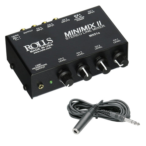 Rolls MX51s Mini-Mix 2 Four-Channel RCA Mixer with Hosa 1/4" Female Phone Headphone Extension Cable -10'