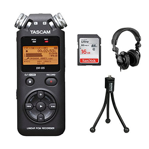 Tascam DR-05 Portable Handheld Digital Audio Recorder with SnapPod Tabletop Tripod, HPC-A30 Monitor Headphones & 16GB Memory Card Kit