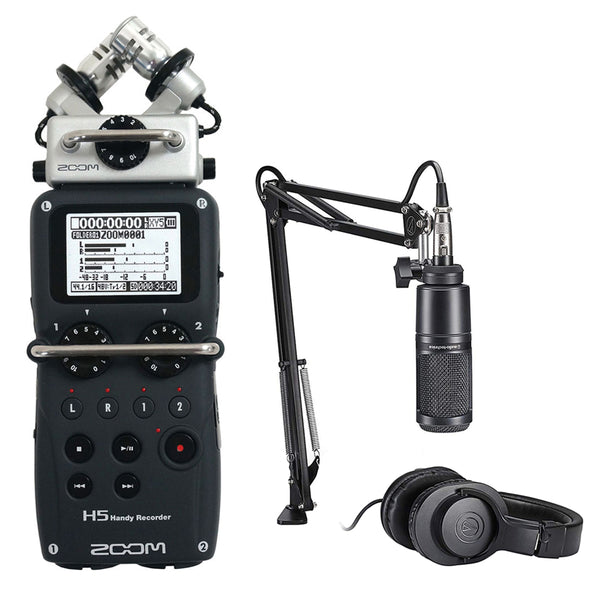 Zoom H5 Recorder Podcast Kit with Audio-Technica AT2020 Studio Microphone Bundle