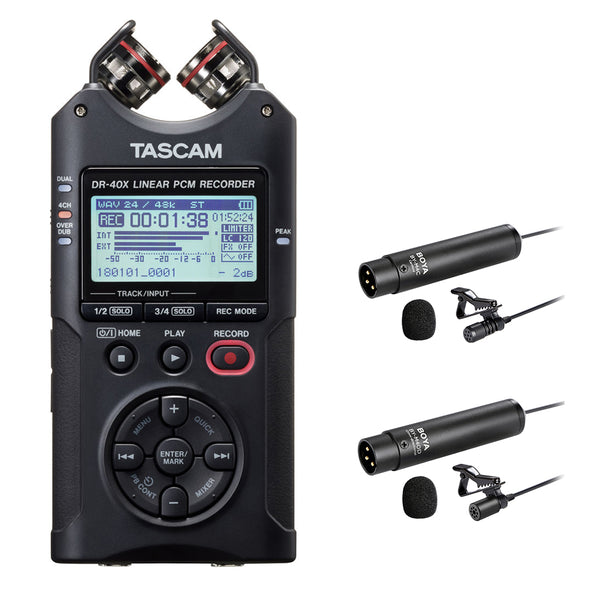 Tascam DR-40X Four-Track Digital Audio Recorder with Boya BY-M4C & BY-M4OD Lavalier Microphone Bundle
