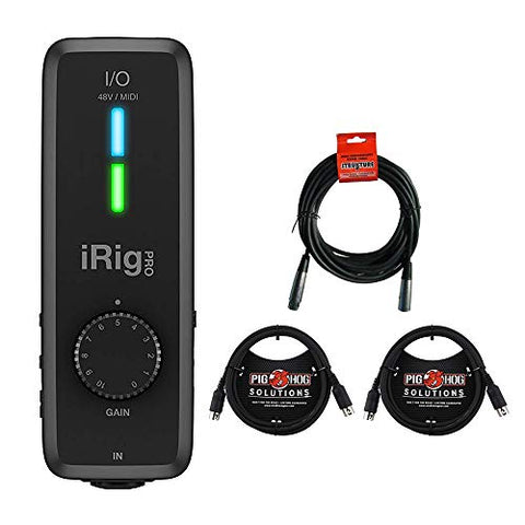 IK Multimedia iRig Pro I/O Audio and MIDI Interface with 20' XLR-XLR Cable & (2) 6ft MIDI Cable Bundle