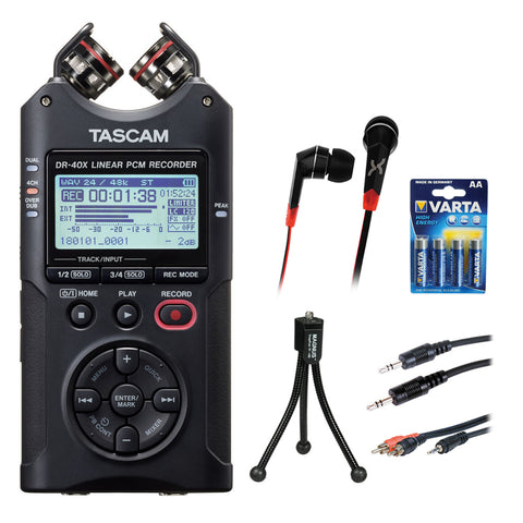 Tascam DR-40X Four-Track Digital Audio Recorder with HLM72 In-Ear Headphones, AA 4-Pack Battery, Tripod & Stereo Mini Cables Bundle