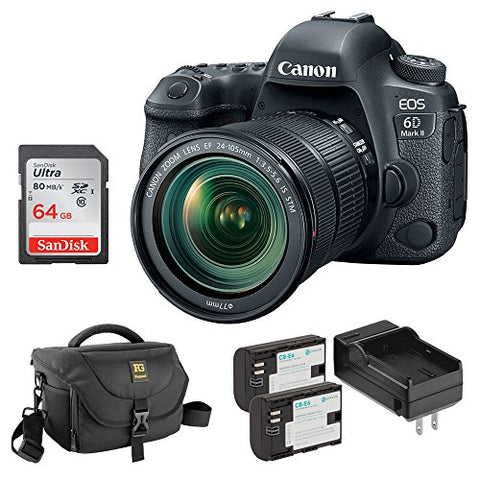 Canon EOS 6D Mark II DSLR Camera with 24-105mm f/3.5-5.6 Lens plus Ruggard Journey DSLR Shoulder Bag, Lithium-Ion Battery Pack and 64GB Memory Card