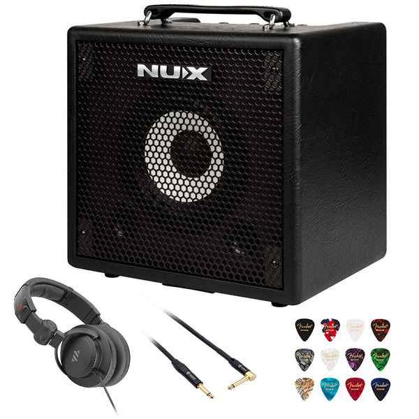 NuX Mighty Bass 50BT Digital Bass Amplifier with Bluetooth Bundle with Polsen HPC-A30-MK2 Studio Monitor Headphones, Kopul 10' Instrument Cable, and Fender 12-Pack Picks