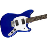 Squier by Fender Bullet Mustang HH Short Scale Beginner Electric Guitar (Blue) Bundle with Fender 10ft Cable (Straight/Straight), Fender Guitar 12-Pack Picks, and Fender 2" Guitar Straps