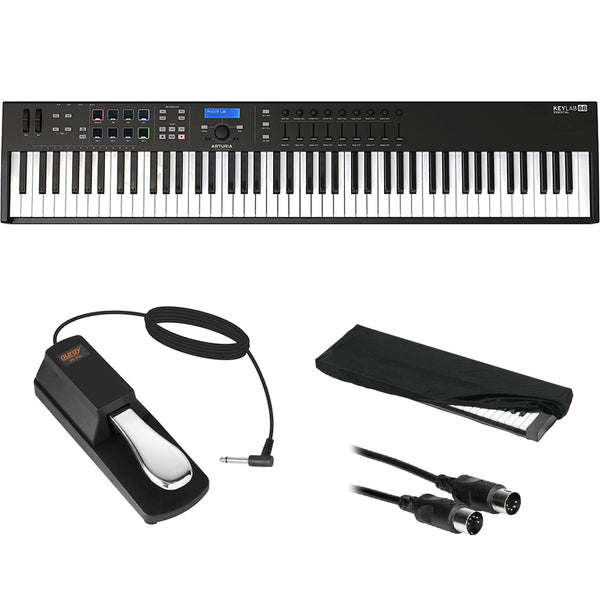 Arturia KeyLab Essential 88-Key Semi Weighted USB MIDI Keyboard Controller (Black Edition) Bundle with Auray FP-P1L Sustain Pedal, 10' MIDI Cable, and Keyboard Cover (Large)