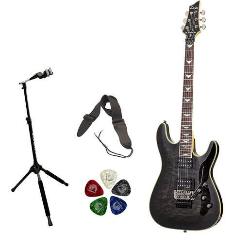 Schecter Guitar Research Omen Extreme-6 FR Electric Guitar - See-Thru Black Bundke with Ultimate Support Pro Guitar Stand, Black Strap, and Classic Pick (10-Pack)