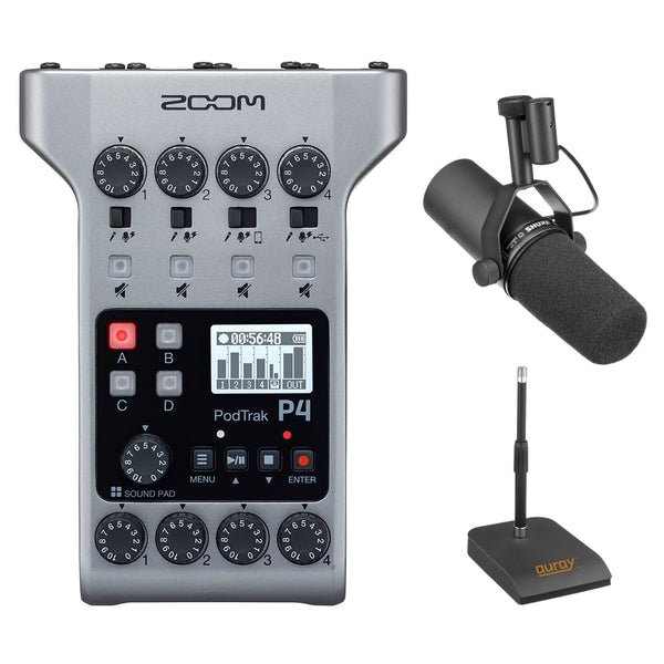 Zoom PodTrak P4 Portable Multitrack Podcast Recorder Bundle with Shure SM7B Vocal Microphone & Mic Stand