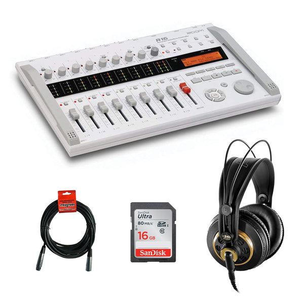 Zoom R16 Multitrack SD Recorder Controller and Interface with AKG K 240 Pro Stereo Headphone, 16GB UHS-I SDHC Memory Card & XLR Cable Bundle
