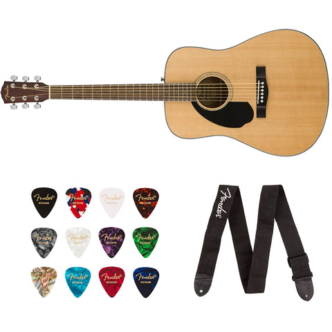 Fender CD-60S Dreadnought Acoustic Guitar, Walnut Fingerboard (Natural, Left-Hand) Bundle with Fender Classic Celluloid Guitar Medium 12-Pack Picks 351 Shape and Fender 2" Guitar Straps