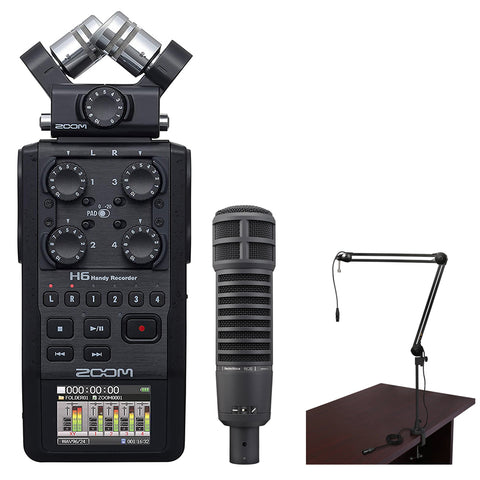 Zoom H6 All Black 6-Track Portable Recorder (2020 Version) Bundle with Electro-Voice RE20 Mic (Black) & Broadcast Arm