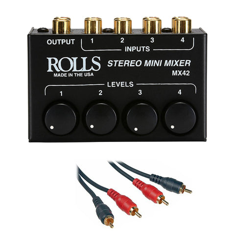 Rolls MX42 4-Channel Passive Mini Stereo Mixer with 2 RCA Male to 2 RCA Male Dual Audio Cable 3'