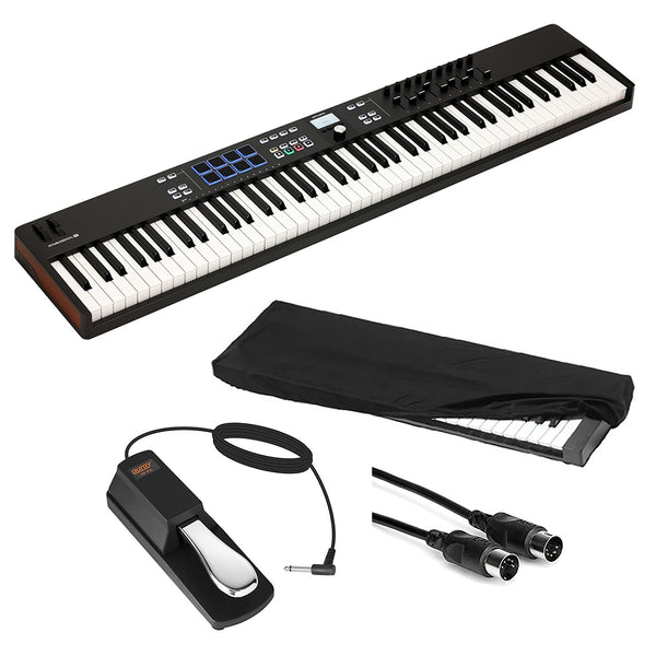 Arturia KeyLab Essential 88 mk3 — 88 key USB MIDI Controller with Software (Black) Bundle with Auray Universal Piano-Style Sustain Pedal, Hosa Black 10' Midi cable and Kaces Keyboard Dust Cover