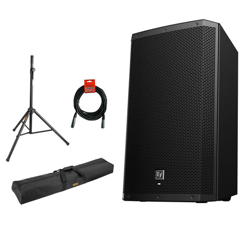 Electro-Voice ZLX-15BT 15" 2-Way 1000W Bluetooth Powered Loudspeaker (Black) with Steel Speaker Stand, Stand Bag 51" & XLR Cable Bundle