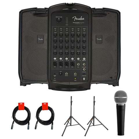 Fender Passport Event Series 2 Portable 375W Powered PA System with Vocal Microphone, 2x Speaker Stand & 2x XLR Cable Bundle