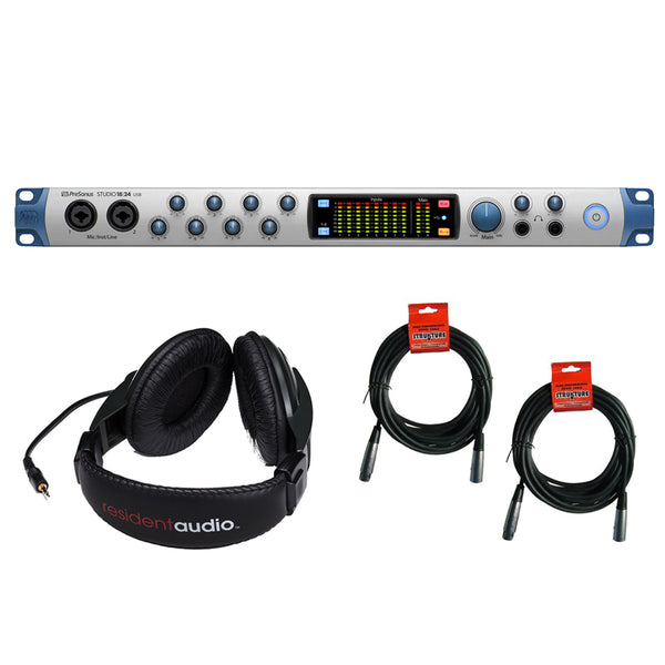 PreSonus Studio 1824-18x18 USB 2.0 Audio Interface with R100 Stereo Headphones & (2) 20' XLR Cable Bundle