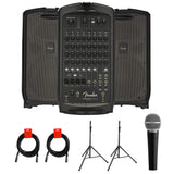 Fender Passport Venue Series 2 Portable Powered PA System with Vocal Microphone, 2x Speaker Stand & 2x XLR-XLR Cable Bundle