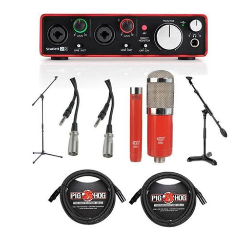 Focusrite Scarlett 2i2 2nd Gen 2 USB 2.0 Audio Interface - Bundle With MXL 550/551R Condenser Mic Kit Red, 2x 20' 8mm XLR Mic Cable, 2x 15ft 3-Pin XLR to TRS Cable, Mic Stand, Samson MB1 Mini Boom Stand