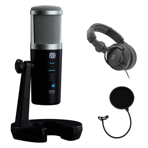 PreSonus Revelator USB Mic with Studio Live Vocal Processing Bundle with Studio Headphones & Pop Filter