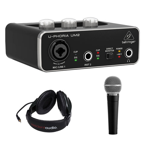 Behringer U-PHORIA UM2 2x2 USB Audio Interface with Vocal Microphone & Stereo Headphones Bundle