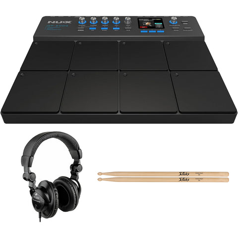 NUX DP-2000 8-Velocity Sensitive Independent Strike Percussion Pad Bundle with Polsen HPC-A30 Closed-Back Studio Monitor Headphones and On-Stage Wood Tip Maple Wood 5A SINGLE Drumsticks