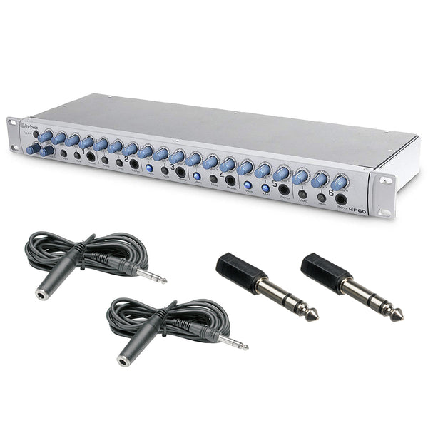 PreSonus HP60 Rack Mount 6-Channel Headphone Mixing System with (2) 1/4" Stereo Coupler & (2) 10' Headphone Extension Cable Bundle