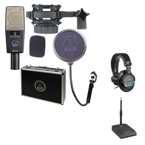 AKG Pro Audio C414 XLS Instrument Condenser Microphone, Multipattern Bundle with Sony MDR-7506 Headphones and Auray TT-ISO Microphone Stand