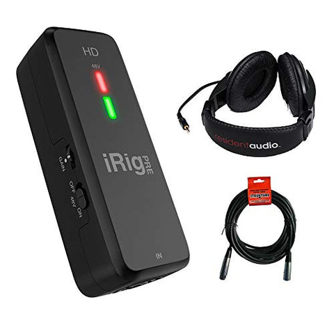 IK Multimedia iRig Pre HD Audio Interface with Mic Pre, R100 Stereo Headphones & 20' XLR Cable Bundle