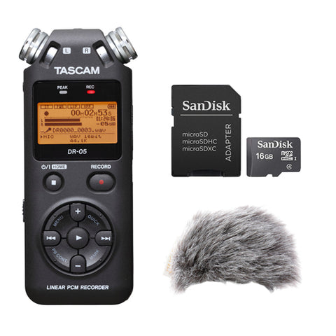 Tascam DR-05 Portable Handheld Digital Audio Recorder with WRW-H4DR Windbuster, Tascam PS-P520E AC Power Adapter & 16GB Memory Card Kit