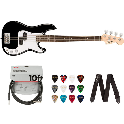 Squier by Fender Mini Precision Bass (Laurel, Black) Bundle with Fender 10ft Cable (Straight/Straight), Fender Guitar 12-Pack Picks, and Fender 2" Guitar Straps