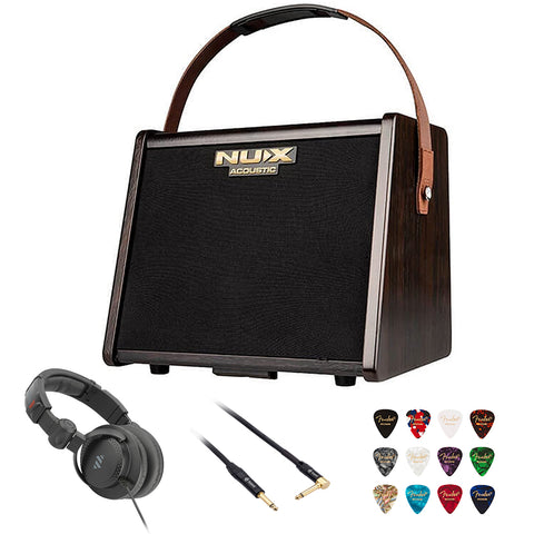 NUX NAI-5 Optima Air Dual-Switch Acoustic Guitar Simulator with Preamp Bundle with Polsen HPC-A30-MK2 Studio Monitor Headphones, Kopul 10' Instrument Cable, and Fender 12-Pack Picks