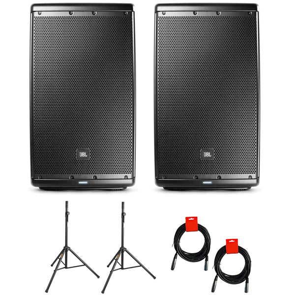 JBL EON615 Two-Way 15" 1000W Powered PA Speaker, Bluetooth (Pair) Bundle with 2x Speaker Stand & 2x XLR Cable