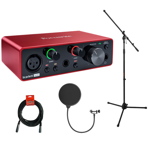 Focusrite Scarlett Solo 3rd Gen 2-in, 2-out USB Audio Interface with Tripod Mic Stand + Boom, Kellopy Pop Filter & XLR Cable Bundle