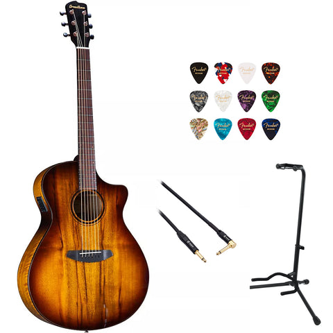 Breedlove PSCO42CEMYMY ECO Pursuit Exotic S Concerto CE Acoustic-Electric Guitar - Tiger's Eye Myrtlewood Bundle with Kopul 10' Instrument Cable, Fender 12-Pack Picks, and Gator Guitar Stand