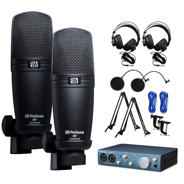PreSonus M7 Cardioid Condenser Microphone Broadcaster Accessory Pack with PreSonus AudioBox iTwo Recording Interface, 2x Microphone Boom Arm, 2x Pop Filter, 2x Headphones, and 2x XLR Cable