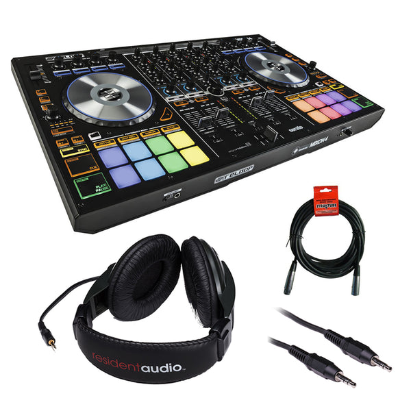 Reloop MIXON 4 DJ Controller with R100 Stereo Headphones, Mini Stereo Cable 3' & XLR Cable Bundle