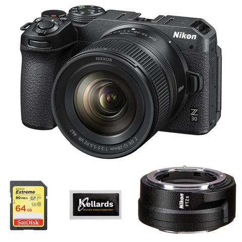 Nikon Z30 Mirrorless Camera with 12-28mm Lens Bundle with Nikon FTZ II Mount Adapter, 64GB SDXC Memory Card and Kellards Cleaning Kit