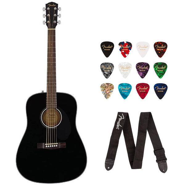 Fender CD-60S Dreadnought Acoustic Guitar (Walnut Fingerboard, Black) Bundle with Fender Classic Celluloid Guitar Medium 12-Pack Picks 351 Shape and Fender 2" Guitar Straps